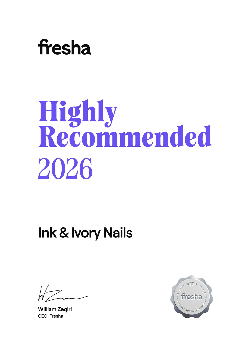 Fresha Highly Recommended certificate for Ink & Ivory Artistry